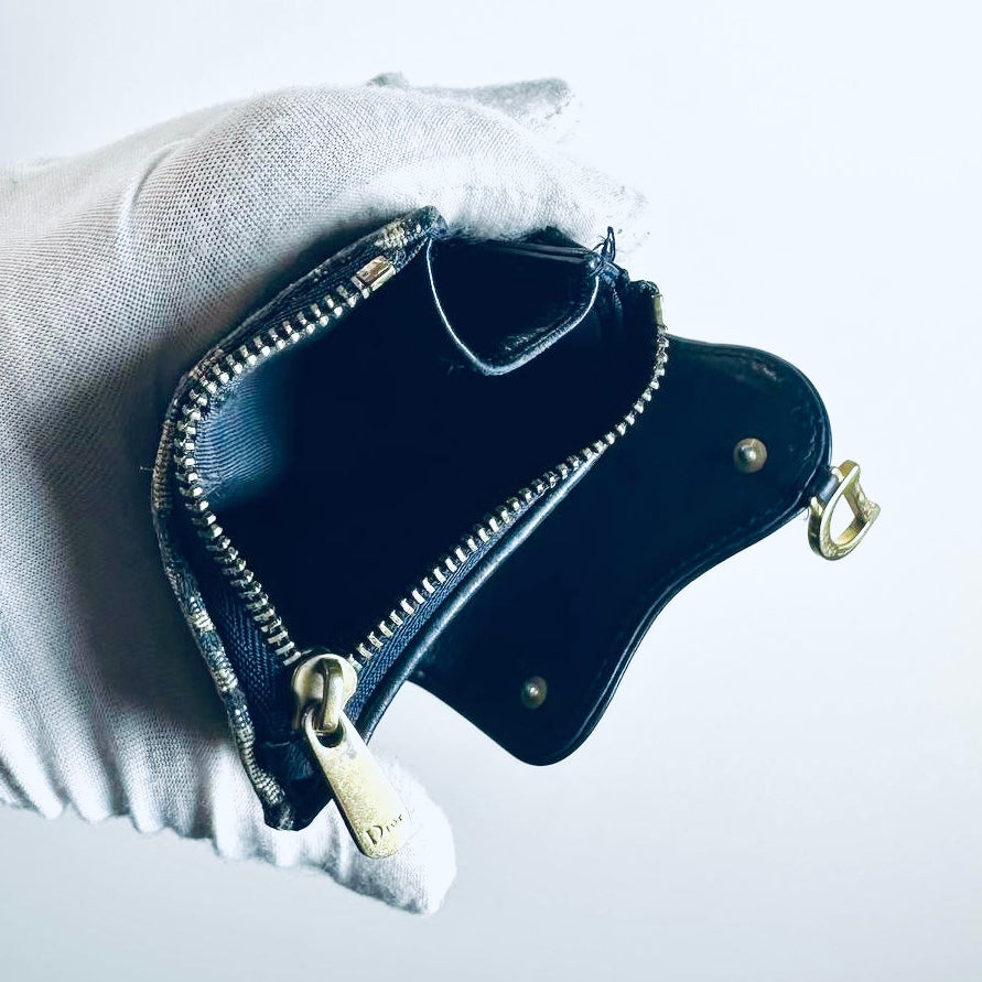 Christian Dior CD Saddle Lotus Navy Blue GHW Oblique Monogram Logo Flap Trifold Compact Wallet