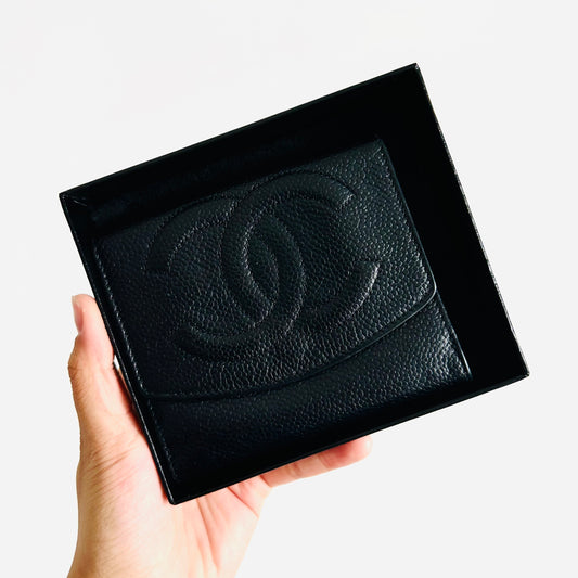 Chanel Black GHW Caviar Leather Giant CC Logo Flap Vintage Bifold Compact Wallet 4s