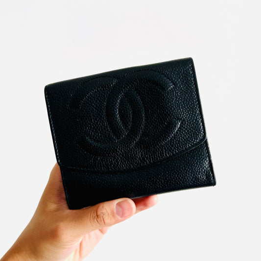 Chanel Black GHW Caviar Leather Giant CC Logo Flap Vintage Bifold Compact Wallet 4s