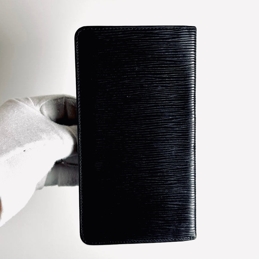 Louis Vuitton LV Porte Yen Brazza Black Epi Leather Monogram Logo Long Bifold Flap Slim Wallet
