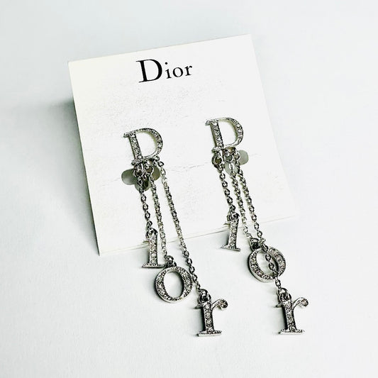 Christian Dior CD Silver & Crystals Giant Monogram Logo Stainless Steel Dangling Stud Earrings