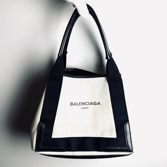 Balenciaga Cabas Black / White Logo Small S Structured Shoulder Tote Bag With Pouch