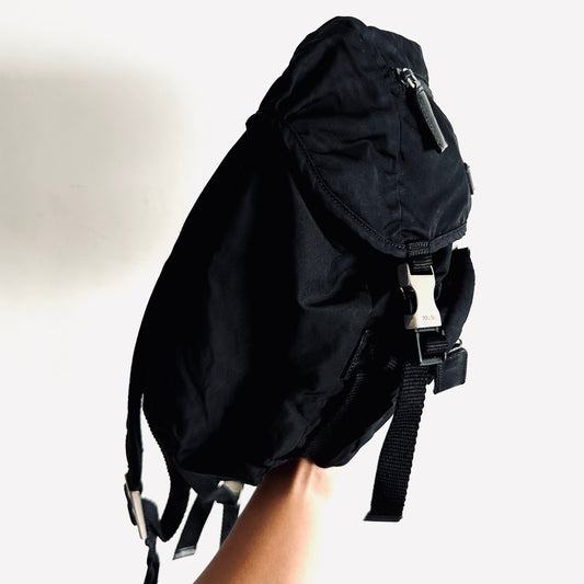 Prada Tessuto Black Classic Logo Nylon Flap Backpack Drawstring Bag