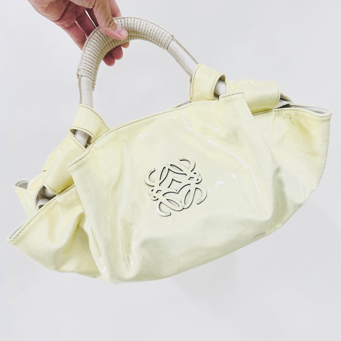 Loewe Off White Nappa Aire Patent Leather Giant Anagram Logo Monogram Small Bucket Hobo Shoulder Shopper Tote Bag