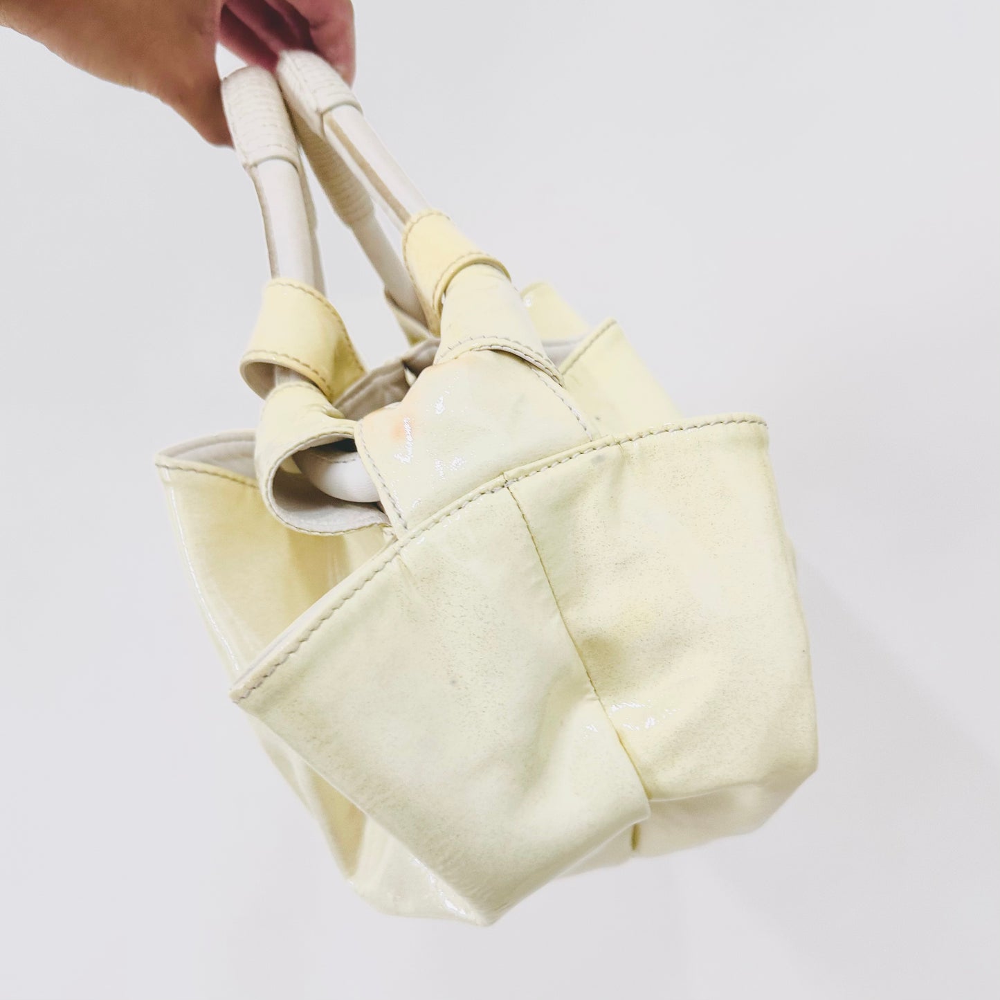 Loewe Off White Nappa Aire Patent Leather Giant Anagram Logo Monogram Small Bucket Hobo Shoulder Shopper Tote Bag