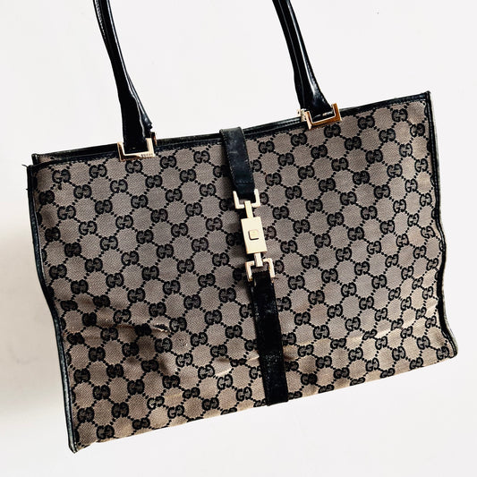 Gucci Jackie Black / Ebony GHW GG Monogram Logo Vintage Shoulder Tote Bag