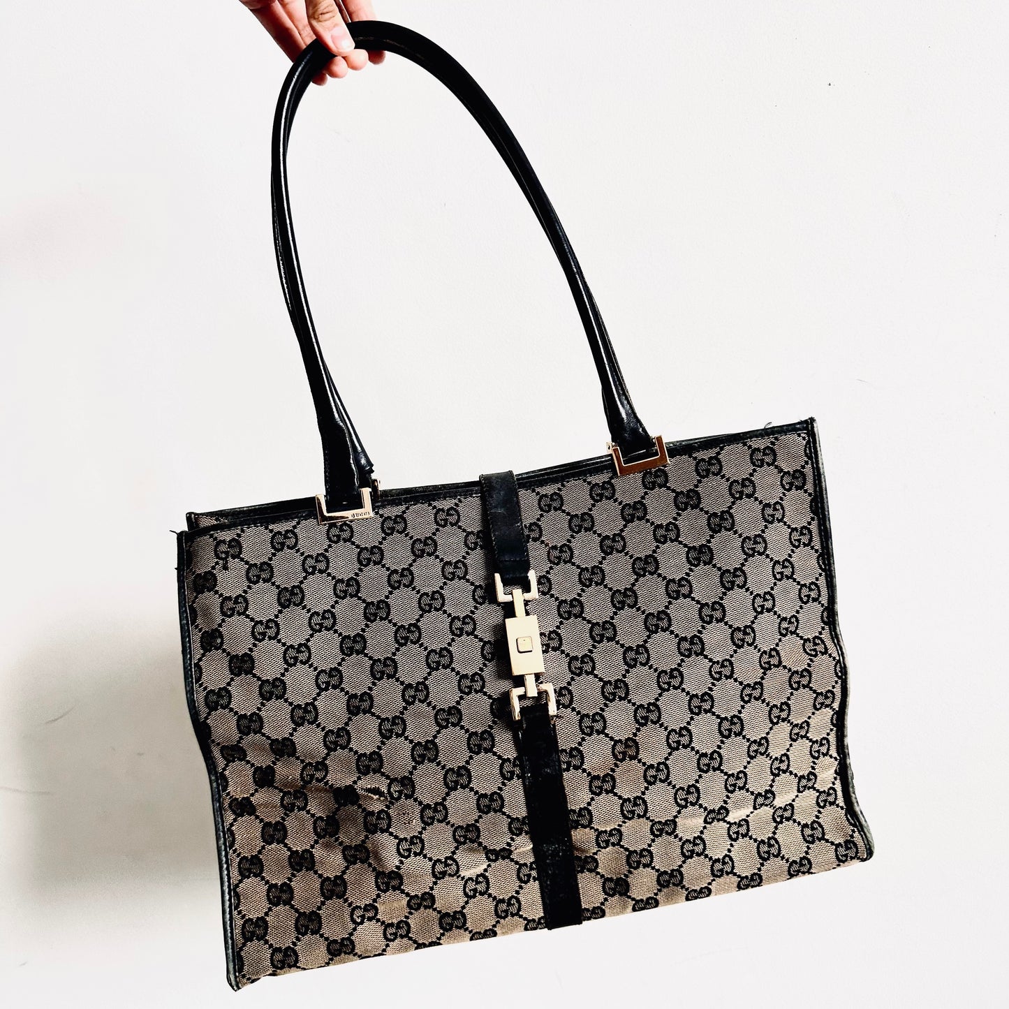 Gucci Jackie Black / Ebony GHW GG Monogram Logo Vintage Shoulder Tote Bag