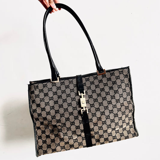 Gucci Jackie Black / Ebony GHW GG Monogram Logo Vintage Shoulder Tote Bag