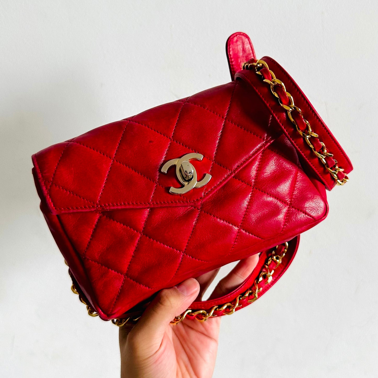 Chanel Cherry Red GHW Giant CC Logo Quilted Lambskin Turnlock 2-Way Vintage Belt Waist Shoulder Sling Bag Clutch Pouch