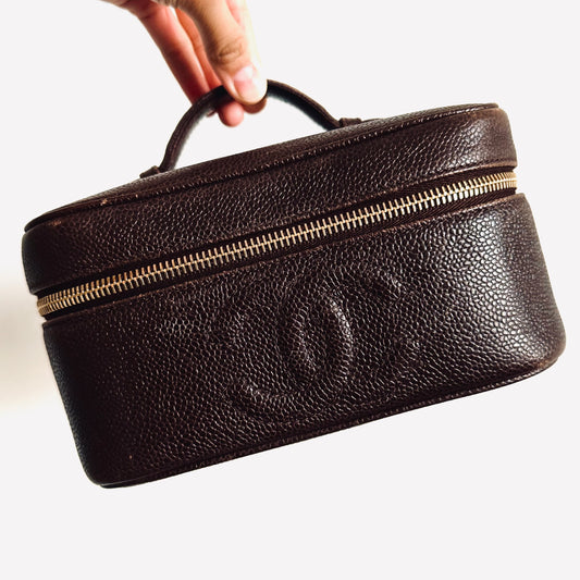 Chanel Dark Brown GHW Caviar Giant CC Logo Wide Horizontal Vanity Case Vintage Top Handle Bag 2s
