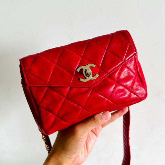 Chanel Cherry Red GHW Giant CC Logo Quilted Lambskin Turnlock 2-Way Vintage Belt Waist Shoulder Sling Bag Clutch Pouch