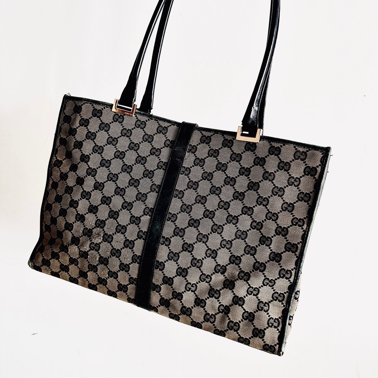 Gucci Jackie Black / Ebony GHW GG Monogram Logo Vintage Shoulder Tote Bag