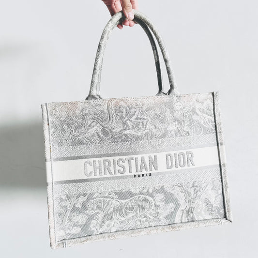 Christian Dior CD Ecru & Gray / Grey Toile De Jouy TDJ Embroidery Monogram Logo Medium Book Tote Bag