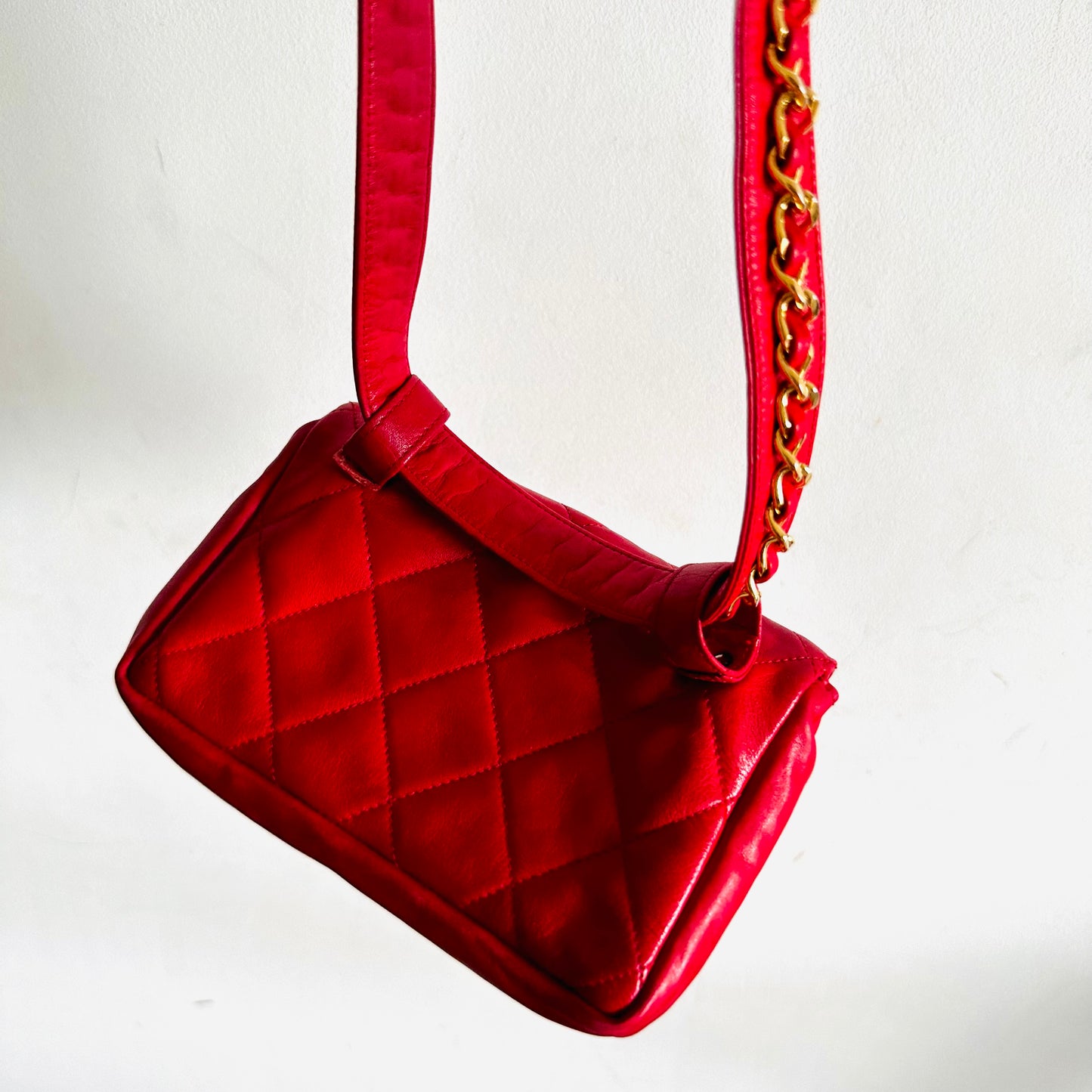 Chanel Cherry Red GHW Giant CC Logo Quilted Lambskin Turnlock 2-Way Vintage Belt Waist Shoulder Sling Bag Clutch Pouch