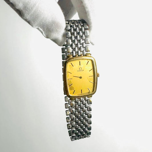 Omega De Ville Rectangular Gold Dial Silver Stainless Steel 25MM Vintage Quartz Watch