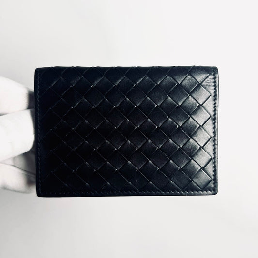 Bottega Veneta BV Black Intrecciato Nappa Woven Leather Compact Flap Bifold Wallet