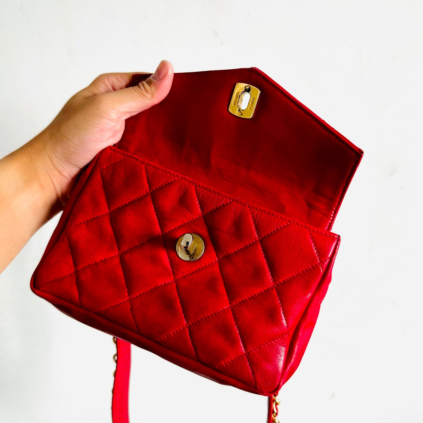 Chanel Cherry Red GHW Giant CC Logo Quilted Lambskin Turnlock 2-Way Vintage Belt Waist Shoulder Sling Bag Clutch Pouch