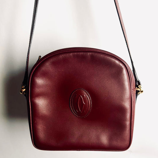 Cartier Must / Mast de Cartier Burgundy Red Maroon GHW Smooth Leather Zip Shoulder Sling Bag