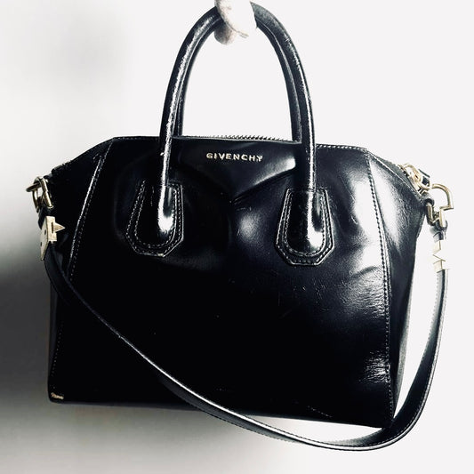 Givenchy Black GHW Small Antigona Shiny Calfskin Leather Monogram Logo 2-Way Top Handle Shoulder Sling Bag