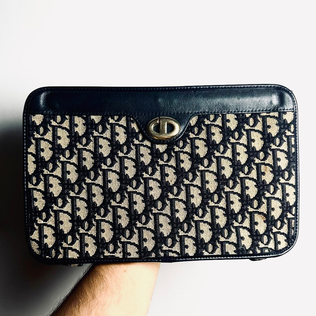 Christian Dior CD Navy Blue GHW Oblique Monogram Logo Clutch Case Pouch