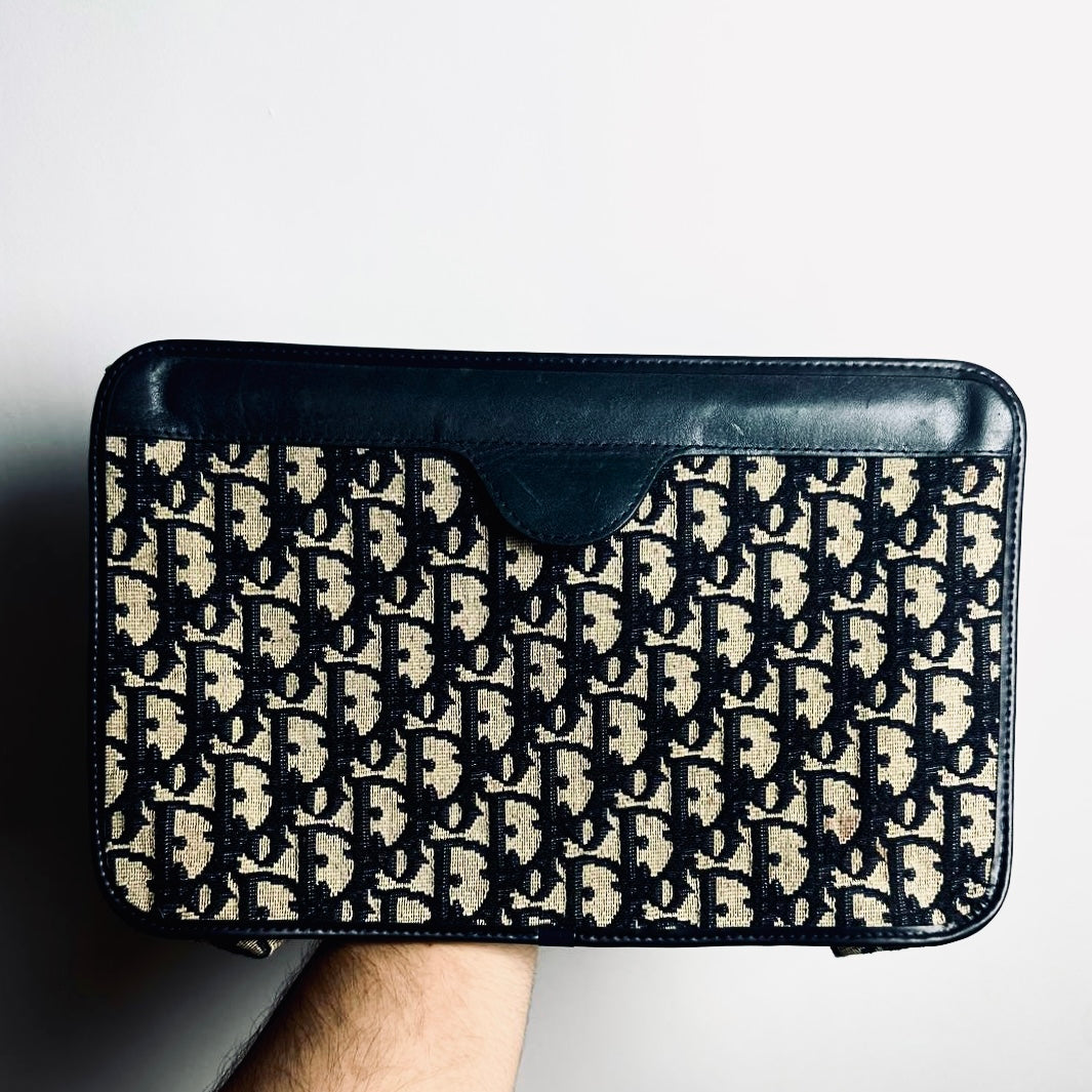 Christian Dior CD Navy Blue GHW Oblique Monogram Logo Clutch Case Pouch