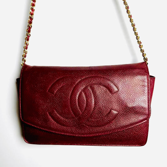 Chanel Red GHW Caviar Leather Giant CC Logo Vintage Flap WOC Wallet On Chain Shoulder Sling Bag 3s