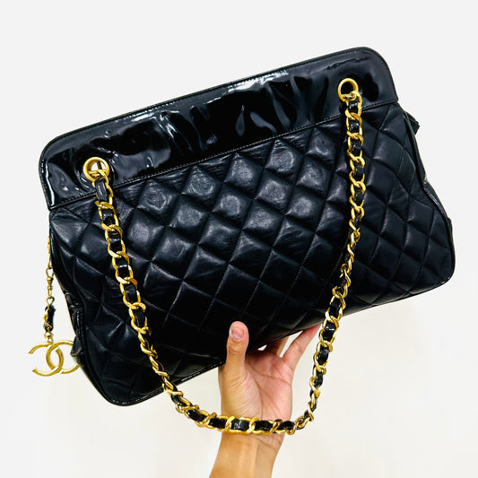 Chanel Black GHW Classic Giant CC Logo Quilted Lambskin & Patent Leather Shopper Shoulder Chain Tote Bag 1s