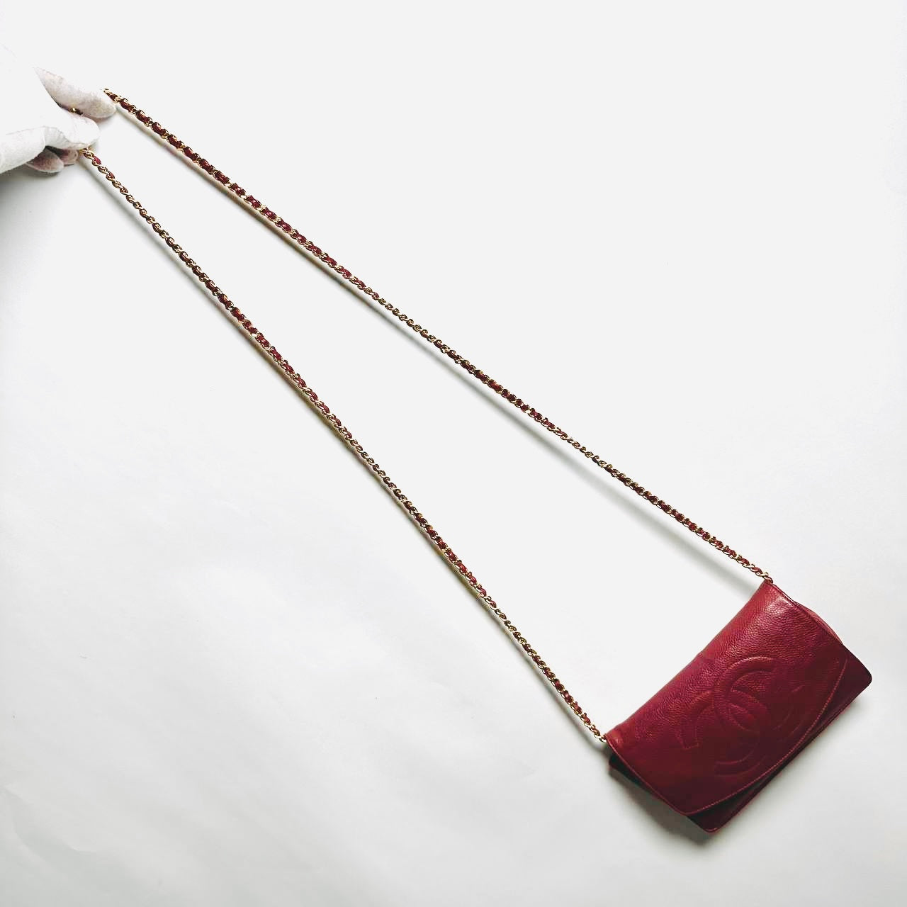 Chanel Red GHW Caviar Leather Giant CC Logo Vintage Flap WOC Wallet On Chain Shoulder Sling Bag 3s