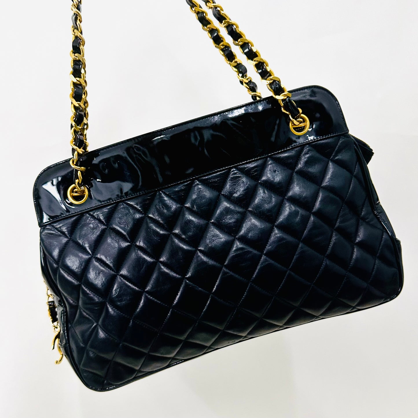 Chanel Black GHW Classic Giant CC Logo Quilted Lambskin & Patent Leather Shopper Shoulder Chain Tote Bag 1s