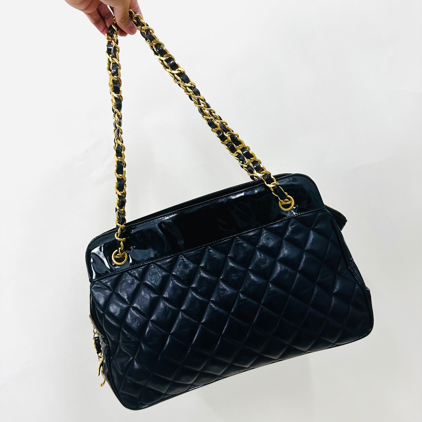 Chanel Black GHW Classic Giant CC Logo Quilted Lambskin & Patent Leather Shopper Shoulder Chain Tote Bag 1s