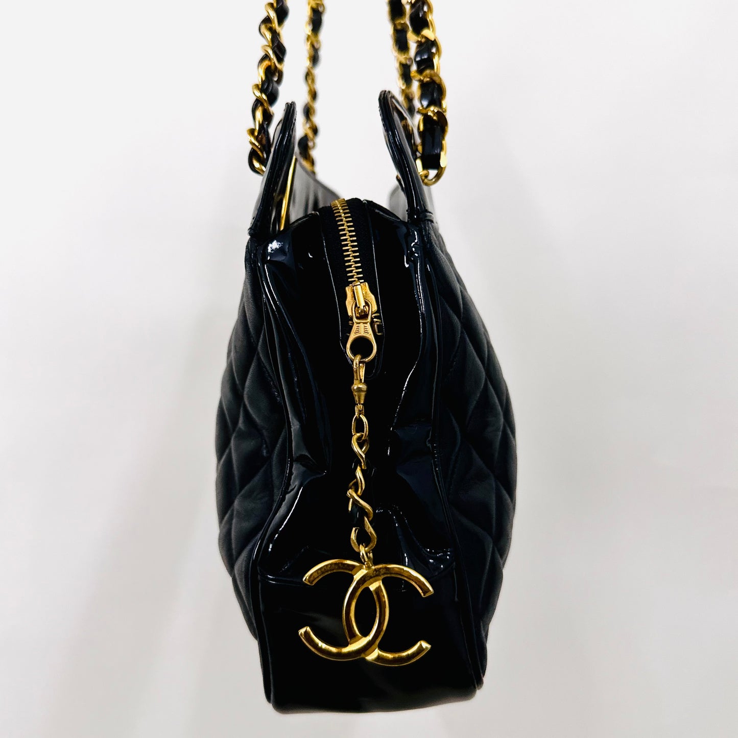 Chanel Black GHW Classic Giant CC Logo Quilted Lambskin & Patent Leather Shopper Shoulder Chain Tote Bag 1s