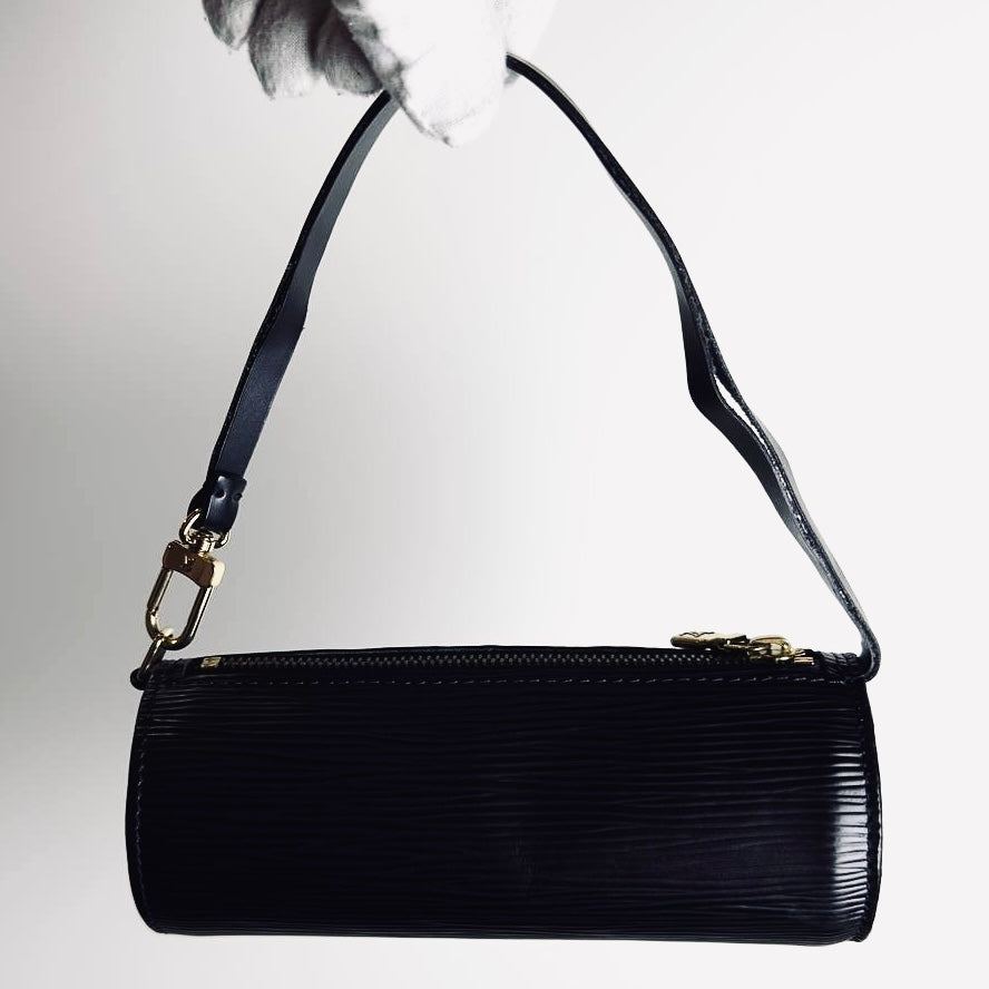 Louis Vuitton LV Black Epi Leather Monogram Logo GHW Papillon Roller Pochette Accessories Accessoires Shoulder Bag