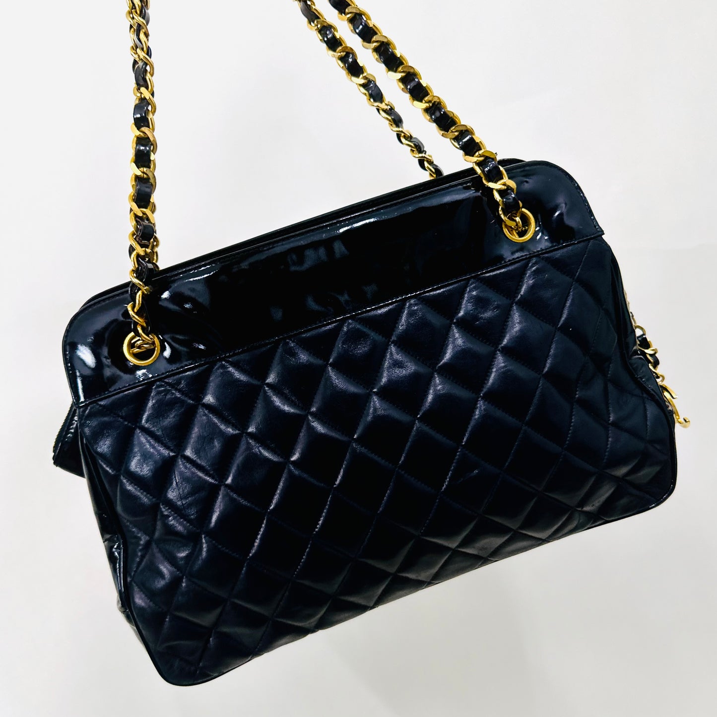 Chanel Black GHW Classic Giant CC Logo Quilted Lambskin & Patent Leather Shopper Shoulder Chain Tote Bag 1s