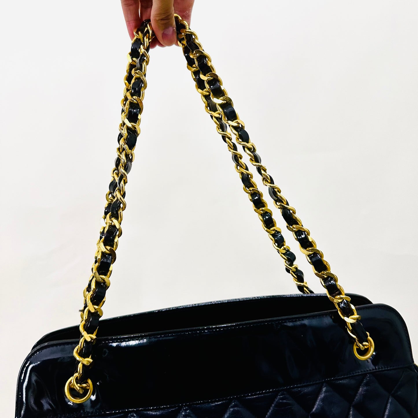 Chanel Black GHW Classic Giant CC Logo Quilted Lambskin & Patent Leather Shopper Shoulder Chain Tote Bag 1s