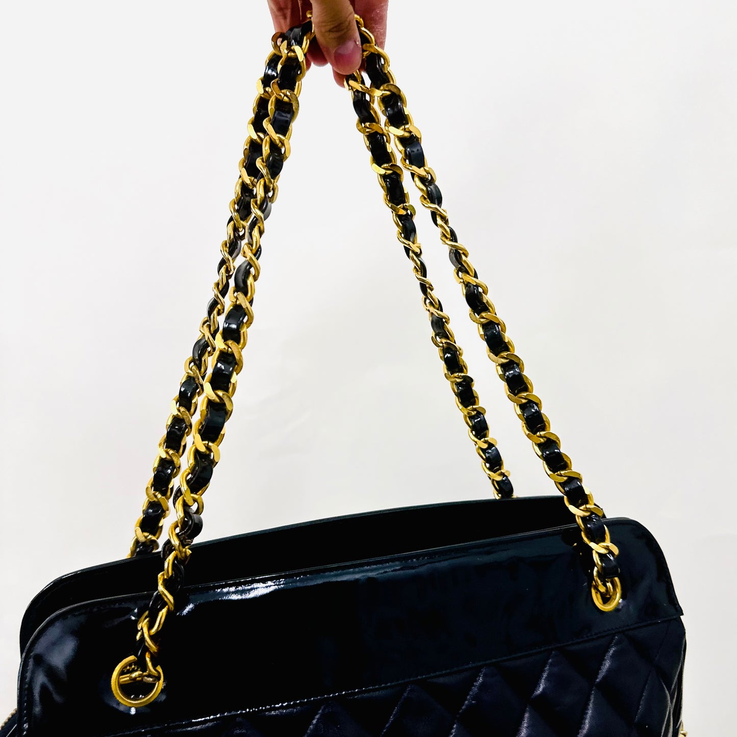 Chanel Black GHW Classic Giant CC Logo Quilted Lambskin & Patent Leather Shopper Shoulder Chain Tote Bag 1s