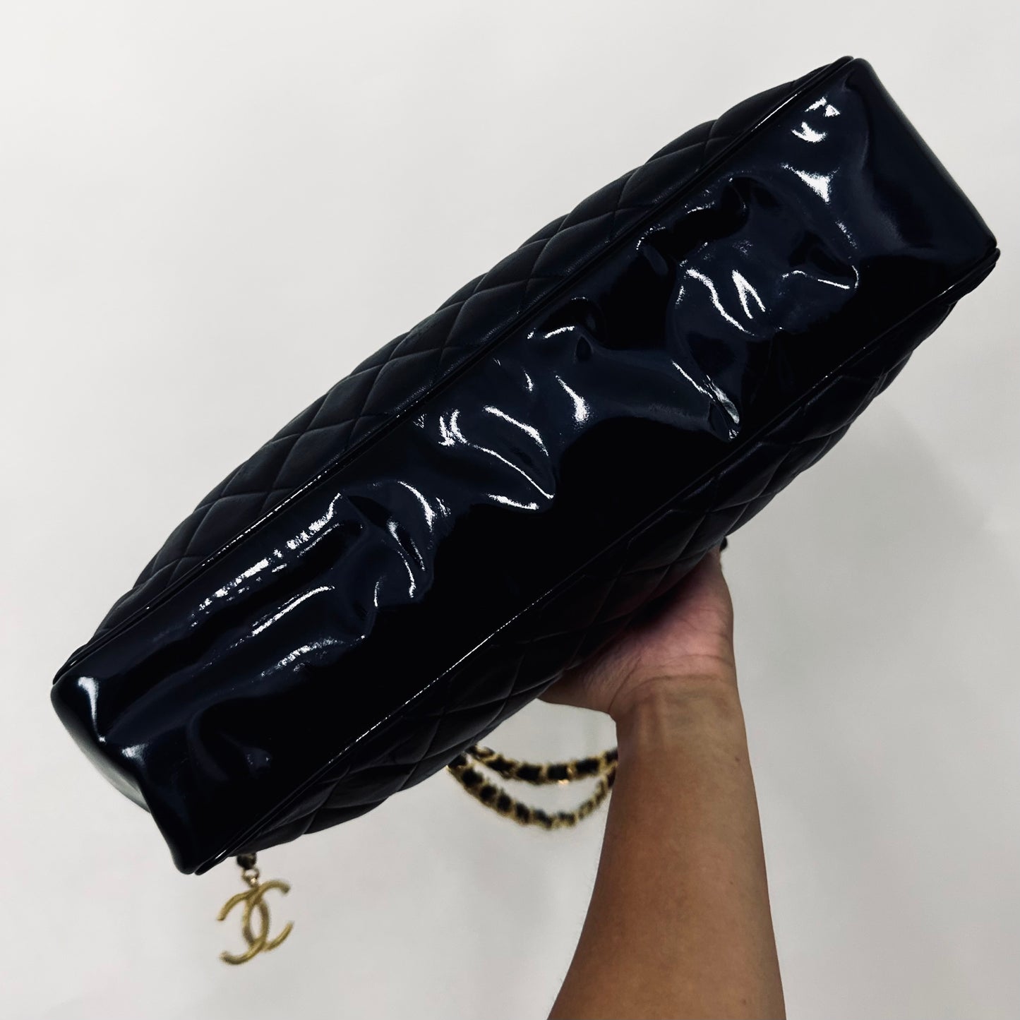 Chanel Black GHW Classic Giant CC Logo Quilted Lambskin & Patent Leather Shopper Shoulder Chain Tote Bag 1s