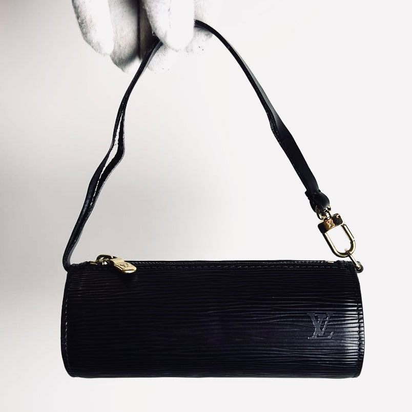 Louis Vuitton LV Black Epi Leather Monogram Logo GHW Papillon Roller Pochette Accessories Accessoires Shoulder Bag