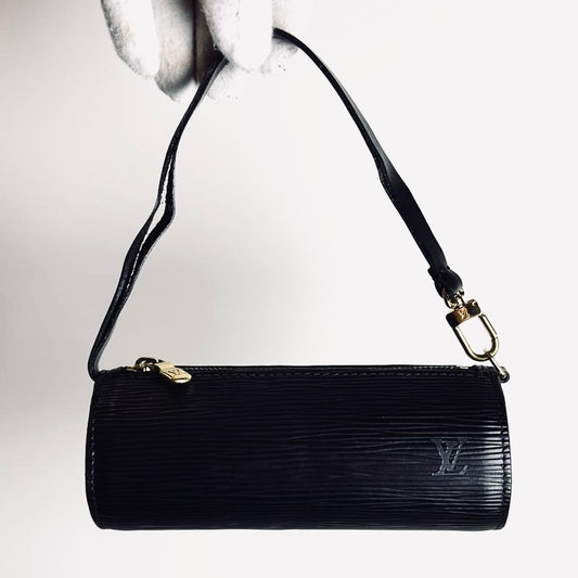 Louis Vuitton LV Black Epi Leather Monogram Logo GHW Papillon Roller Pochette Accessories Accessoires Shoulder Bag