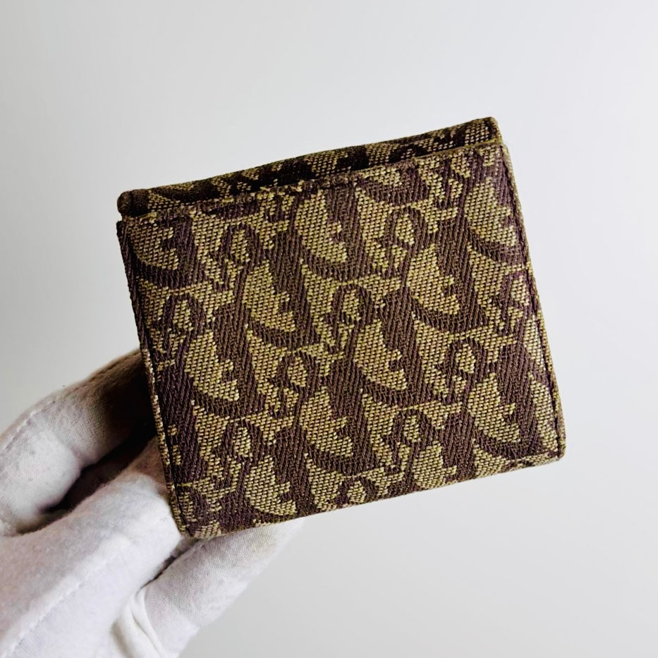 Christian Dior CD Brown GHW Saddle Lotus Oblique Monogram Logo Flap Bifold Compact Wallet