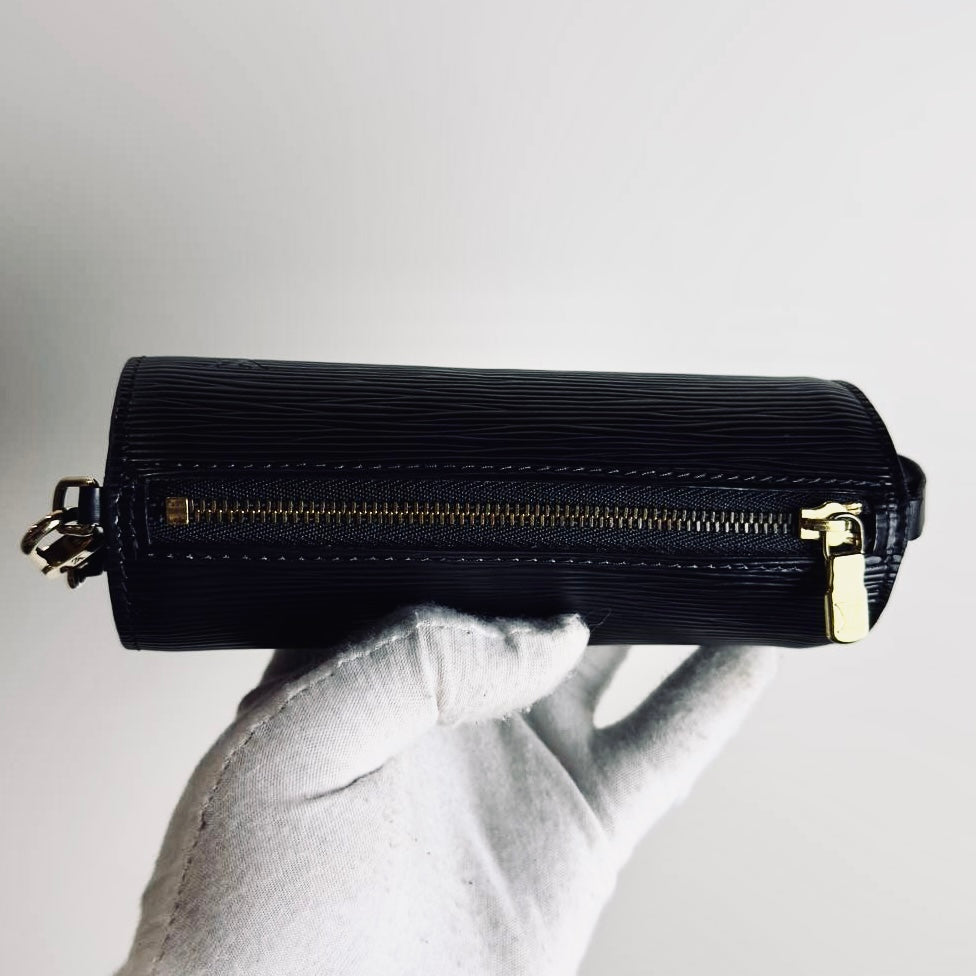 Louis Vuitton LV Black Epi Leather Monogram Logo GHW Papillon Roller Pochette Accessories Accessoires Shoulder Bag