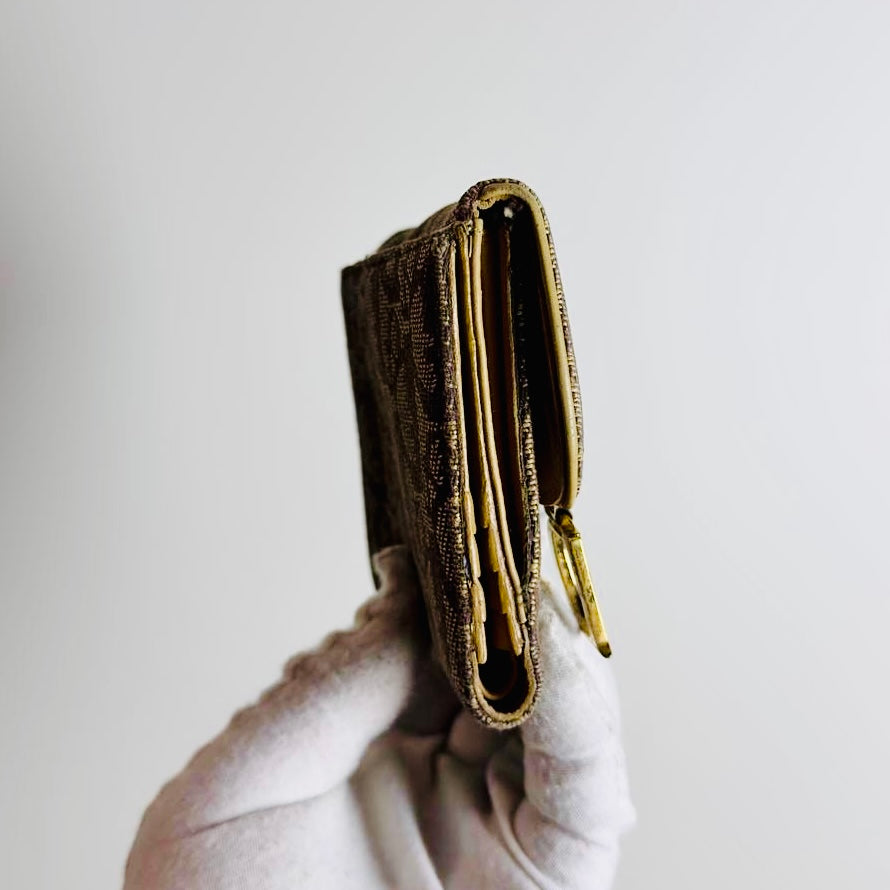 Christian Dior CD Brown GHW Saddle Lotus Oblique Monogram Logo Flap Bifold Compact Wallet