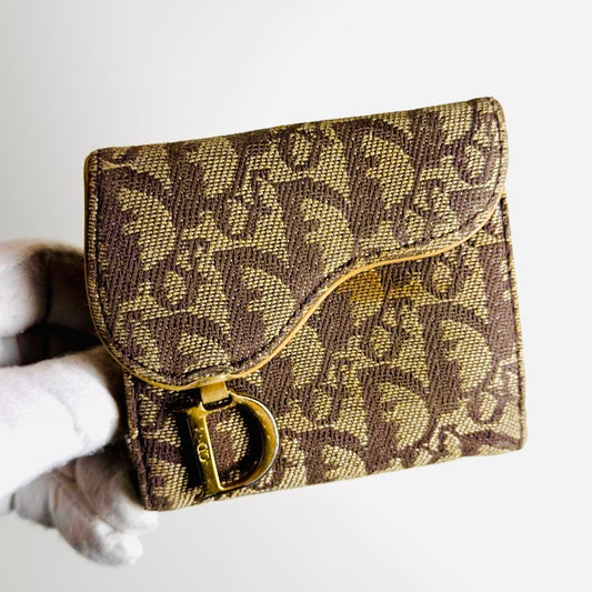 Christian Dior CD Brown GHW Saddle Lotus Oblique Monogram Logo Flap Bifold Compact Wallet