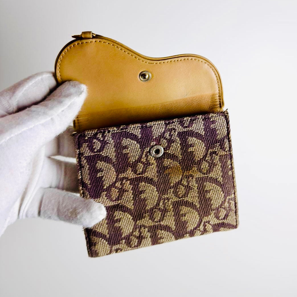 Christian Dior CD Brown GHW Saddle Lotus Oblique Monogram Logo Flap Bifold Compact Wallet