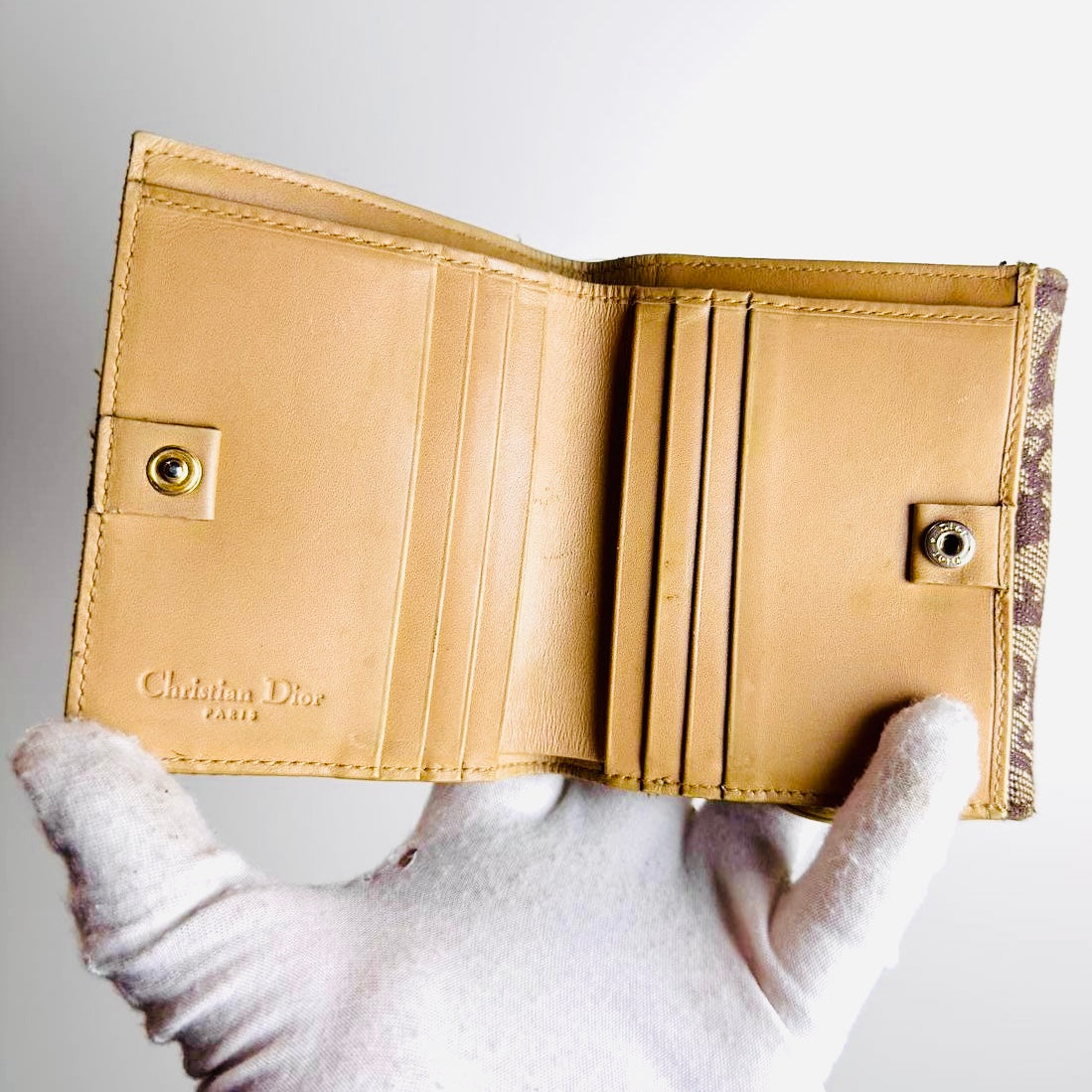Christian Dior CD Brown GHW Saddle Lotus Oblique Monogram Logo Flap Bifold Compact Wallet