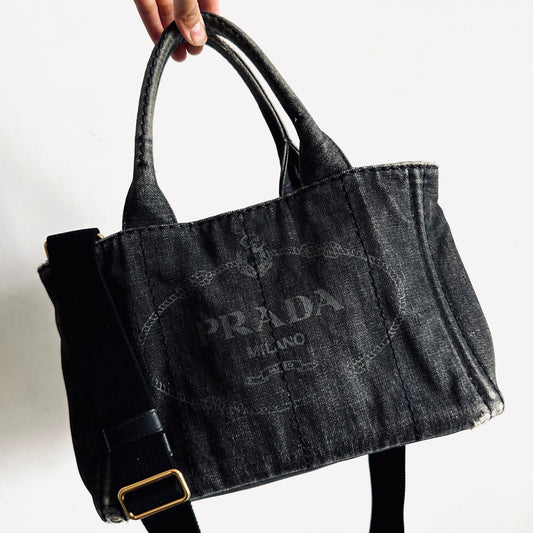 Prada Black Denim GHW Canapa Small Classic Logo 2-Way Structured Shopper Shoulder Sling Tote Bag