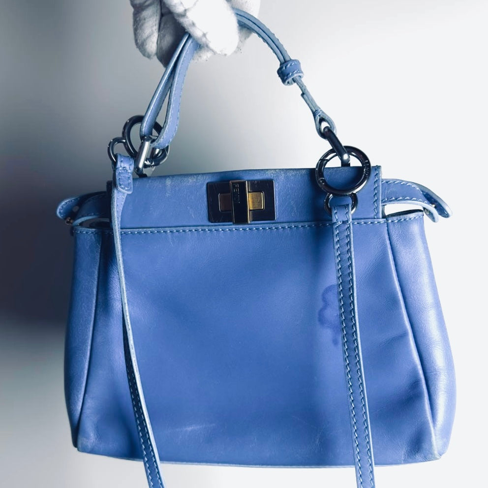 Fendi Peekaboo Mini Blue GHW FF Zucca Monogram Logo Nappa Leather 2-Way Shoulder Sling Turnlock Top Handle Bag