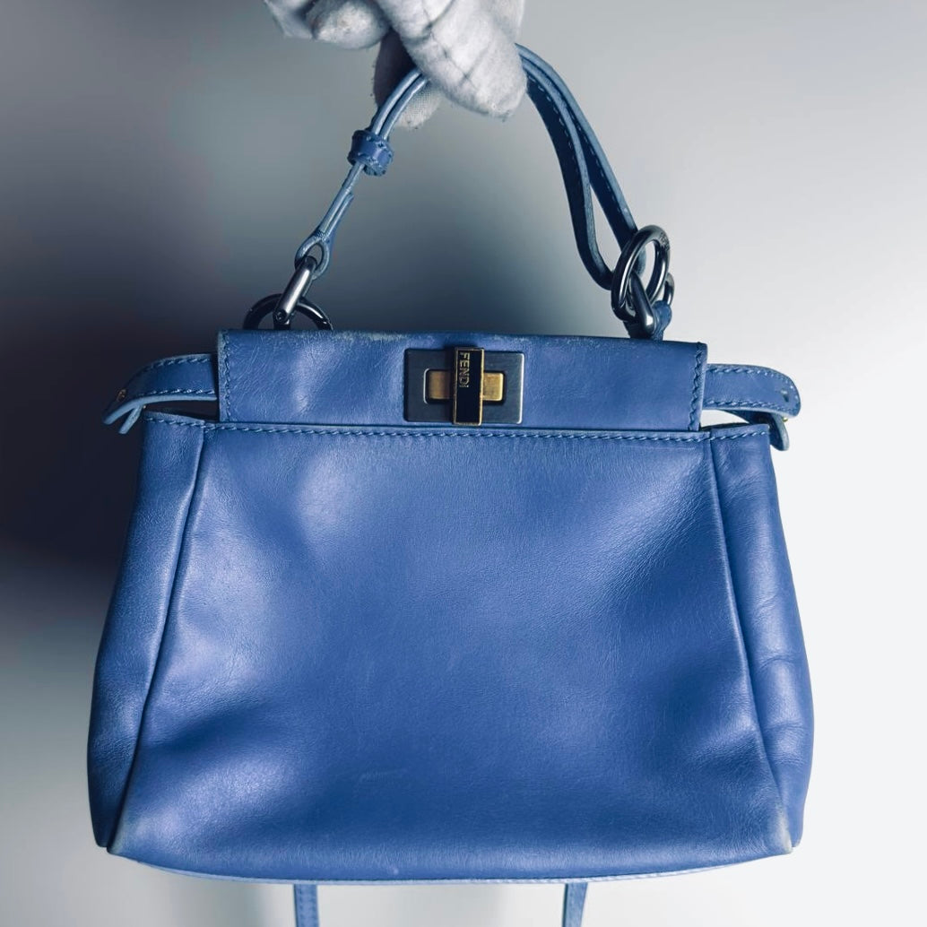 Fendi Peekaboo Mini Blue GHW FF Zucca Monogram Logo Nappa Leather 2-Way Shoulder Sling Turnlock Top Handle Bag
