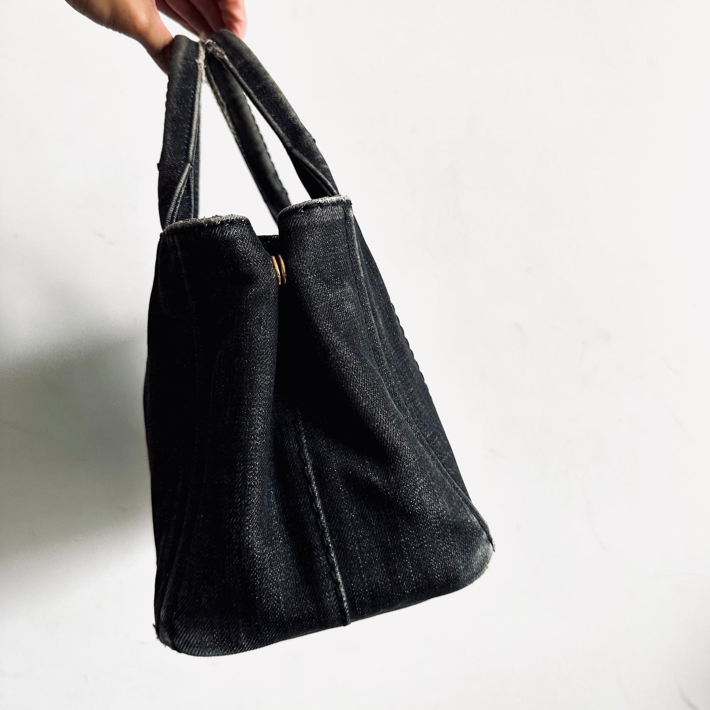 Prada Black Denim GHW Canapa Small Classic Logo 2-Way Structured Shopper Shoulder Sling Tote Bag