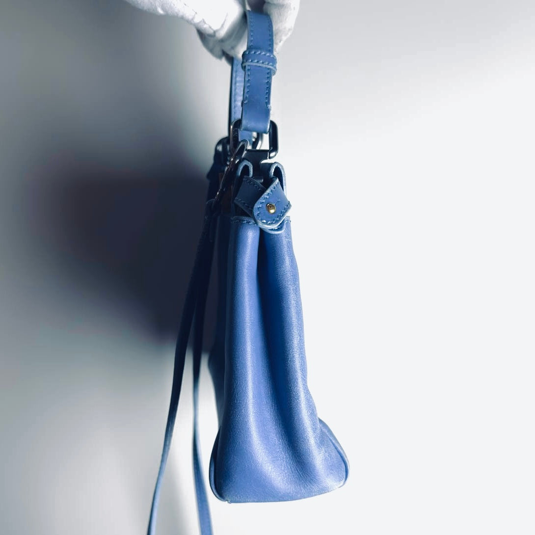 Fendi Peekaboo Mini Blue GHW FF Zucca Monogram Logo Nappa Leather 2-Way Shoulder Sling Turnlock Top Handle Bag