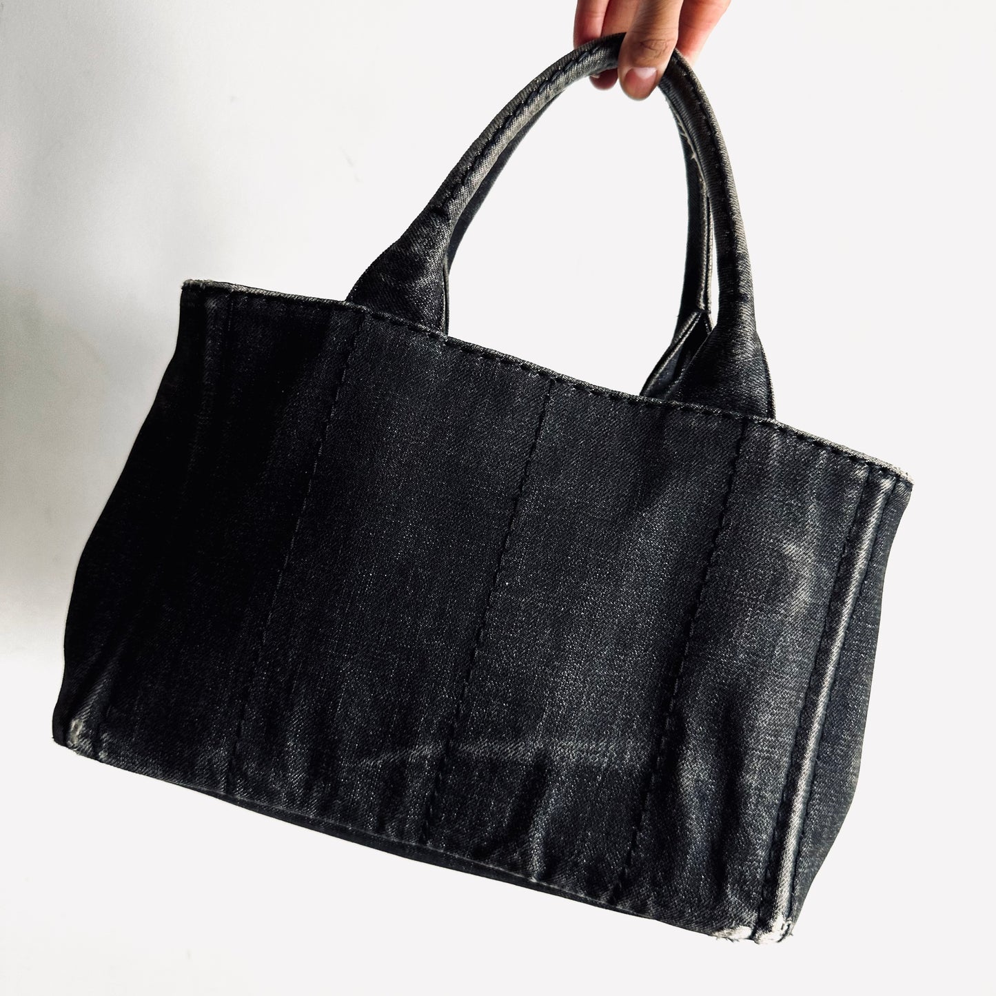 Prada Black Denim GHW Canapa Small Classic Logo 2-Way Structured Shopper Shoulder Sling Tote Bag